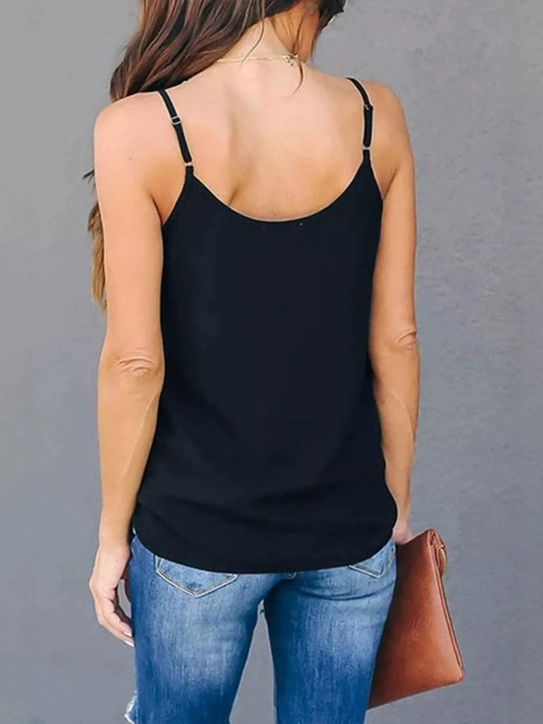 V-neck cami top with sheer mesh inset and spaghetti straps