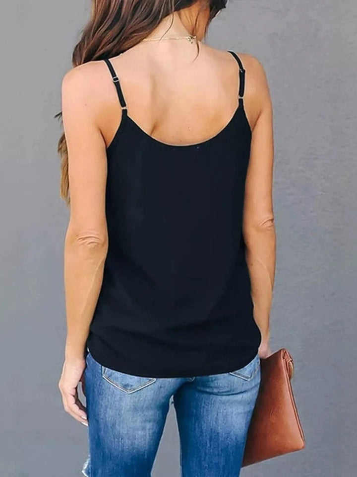V-neck cami top with sheer mesh inset and spaghetti straps