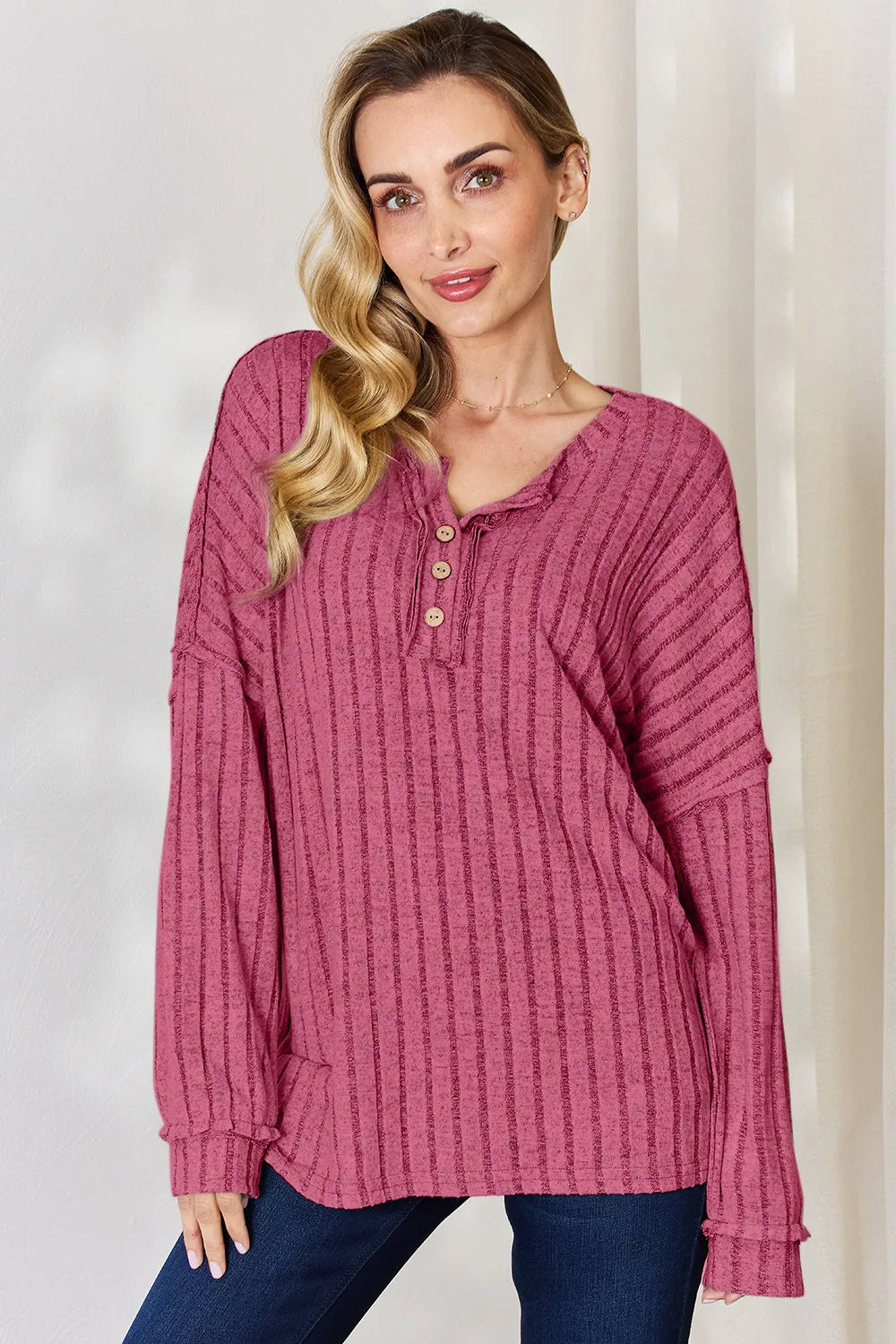 Hot Pink Ribbed knit half-button henley long sleeve top