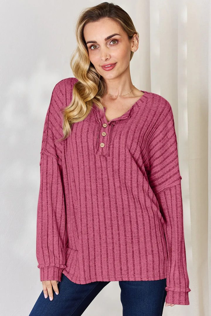 Hot Pink Ribbed knit half-button henley long sleeve top