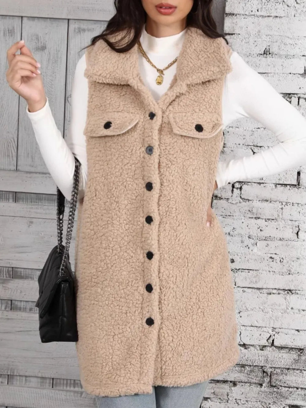 Longline teddy fleece button-front vest with collar