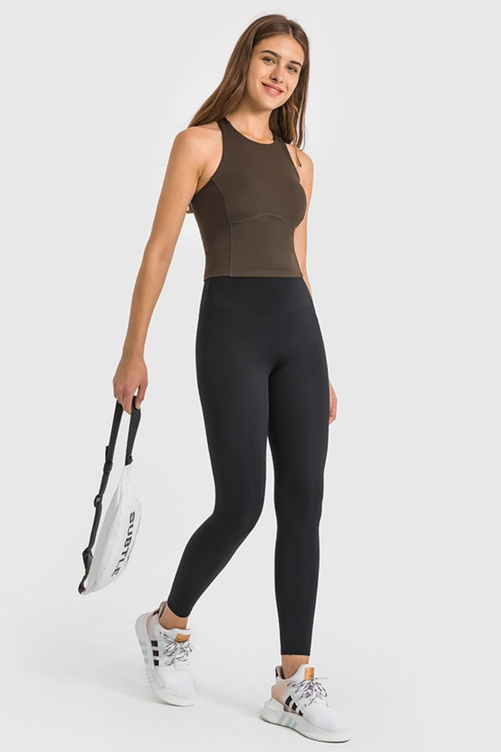 High waist ankle-length yoga leggings with wide waistband