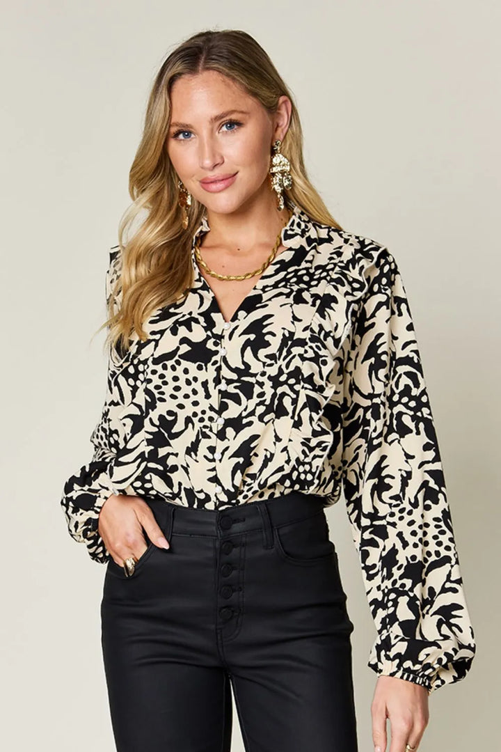 Black Printed balloon sleeve button-down shirt with ruffle trim