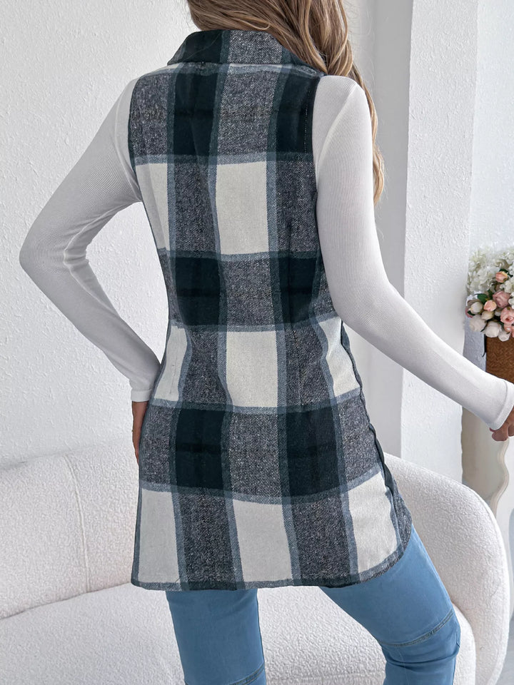 Plaid double-breasted longline vest coat with notched lapel