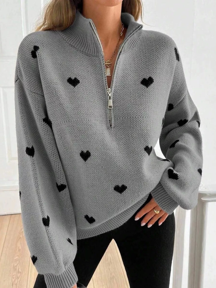 Gray Heart print half-zip mock neck sweater with drop shoulders