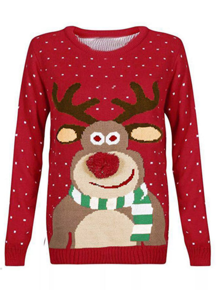 Reindeer graphic knit Christmas sweater with pom-pom nose