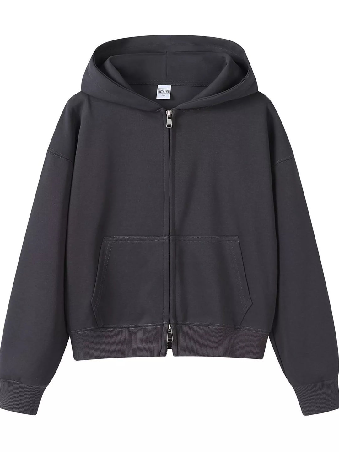 Dark Gray Zip-up hoodie with front pockets and ribbed cuffs