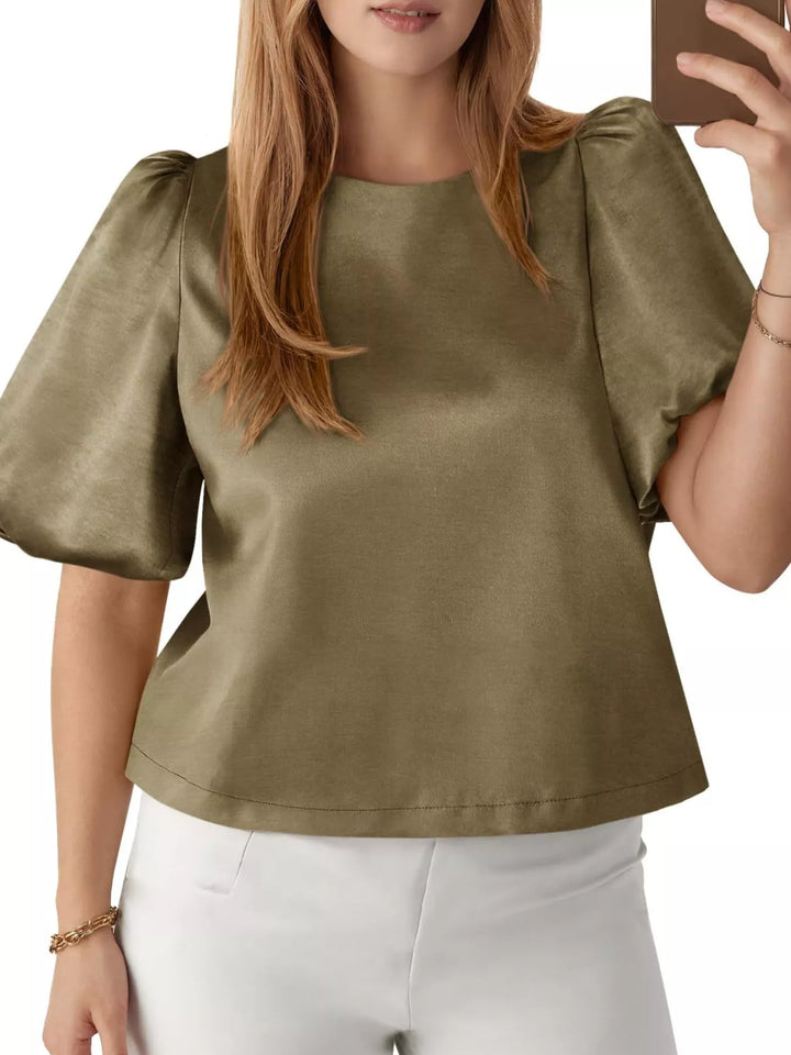 Army Green Short puff sleeve satin top with round neck