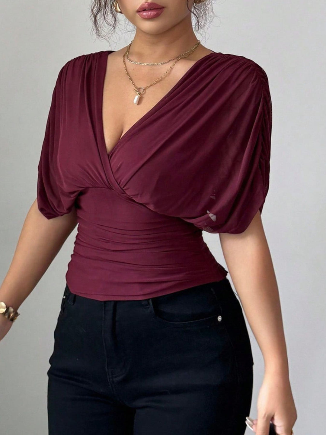 Ruched surplice wrap top with short dolman sleeves
