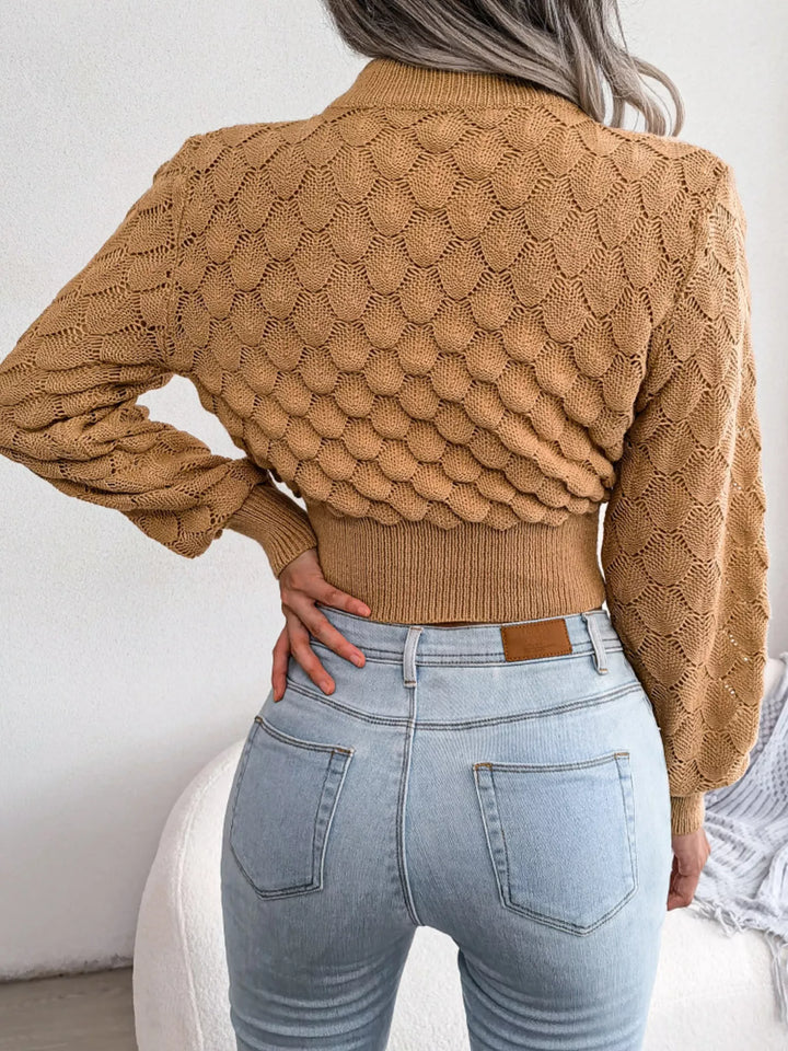 Openwork scallop knit mock neck cropped sweater