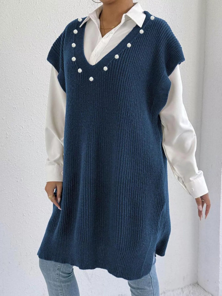 Pearl-trim V-neck ribbed sweater dress with side slits