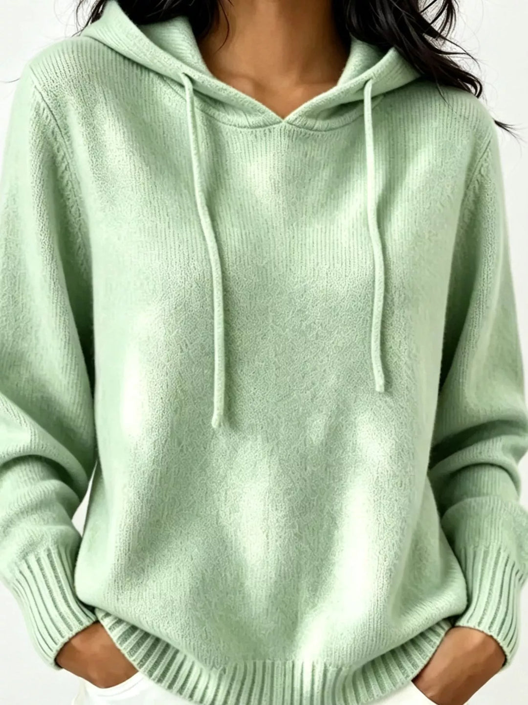 Light Green Drawstring hooded knit pullover sweater with ribbed trim