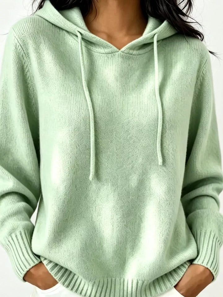 Light Green Drawstring hooded knit pullover sweater with ribbed trim