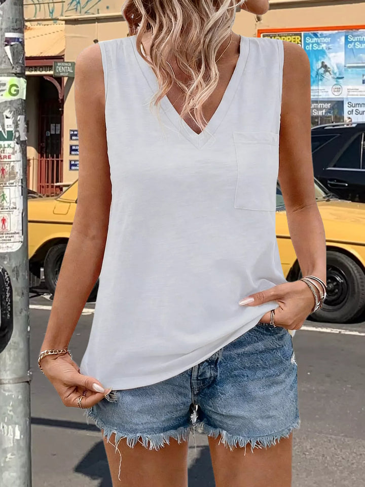 V-neck tank top with chest patch pocket