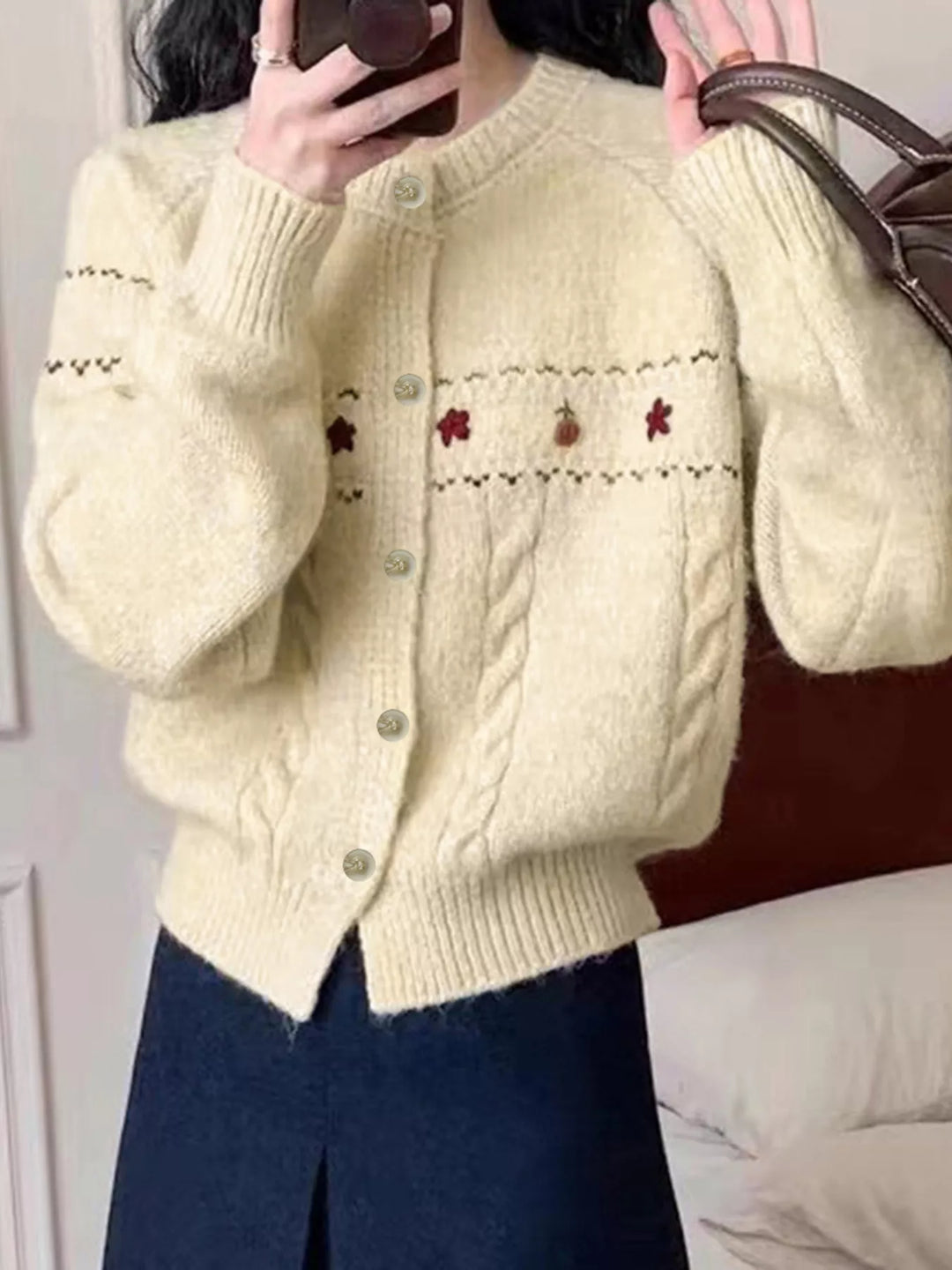 Floral embroidered cable-knit button-up cardigan
