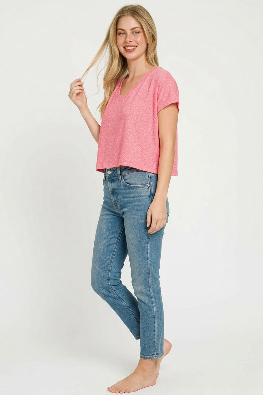 Melange V-neck drop-shoulder cropped tee