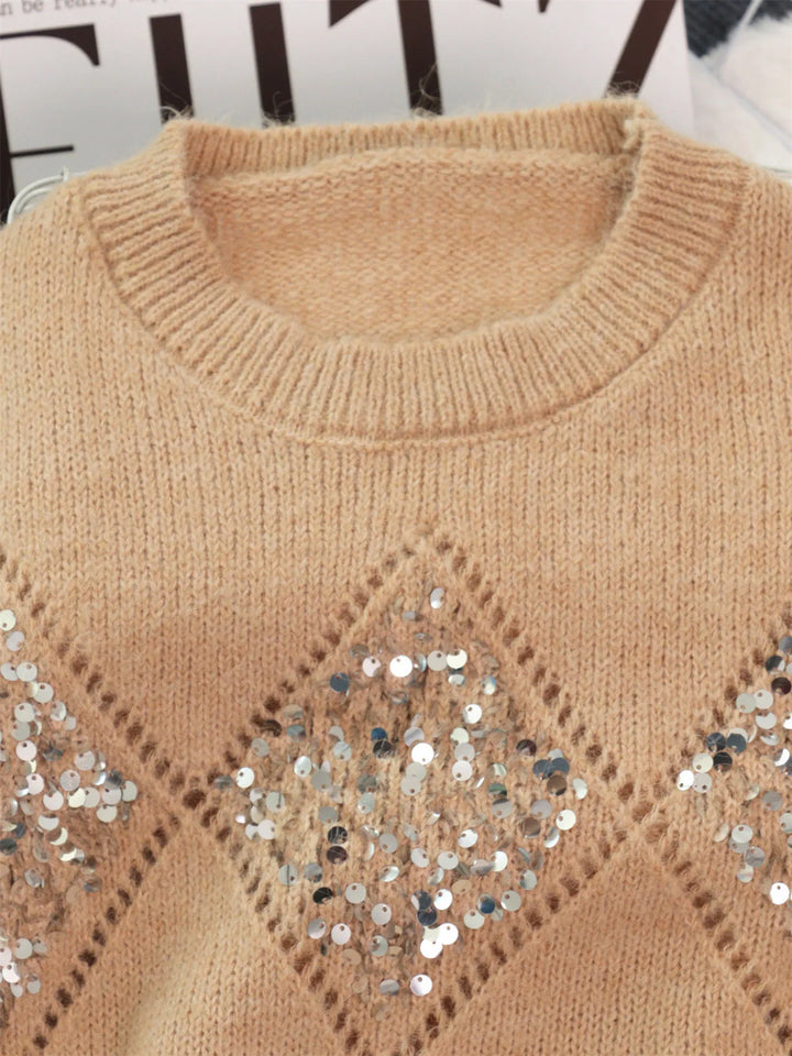 Sequined diamond pointelle knit oversized sweater