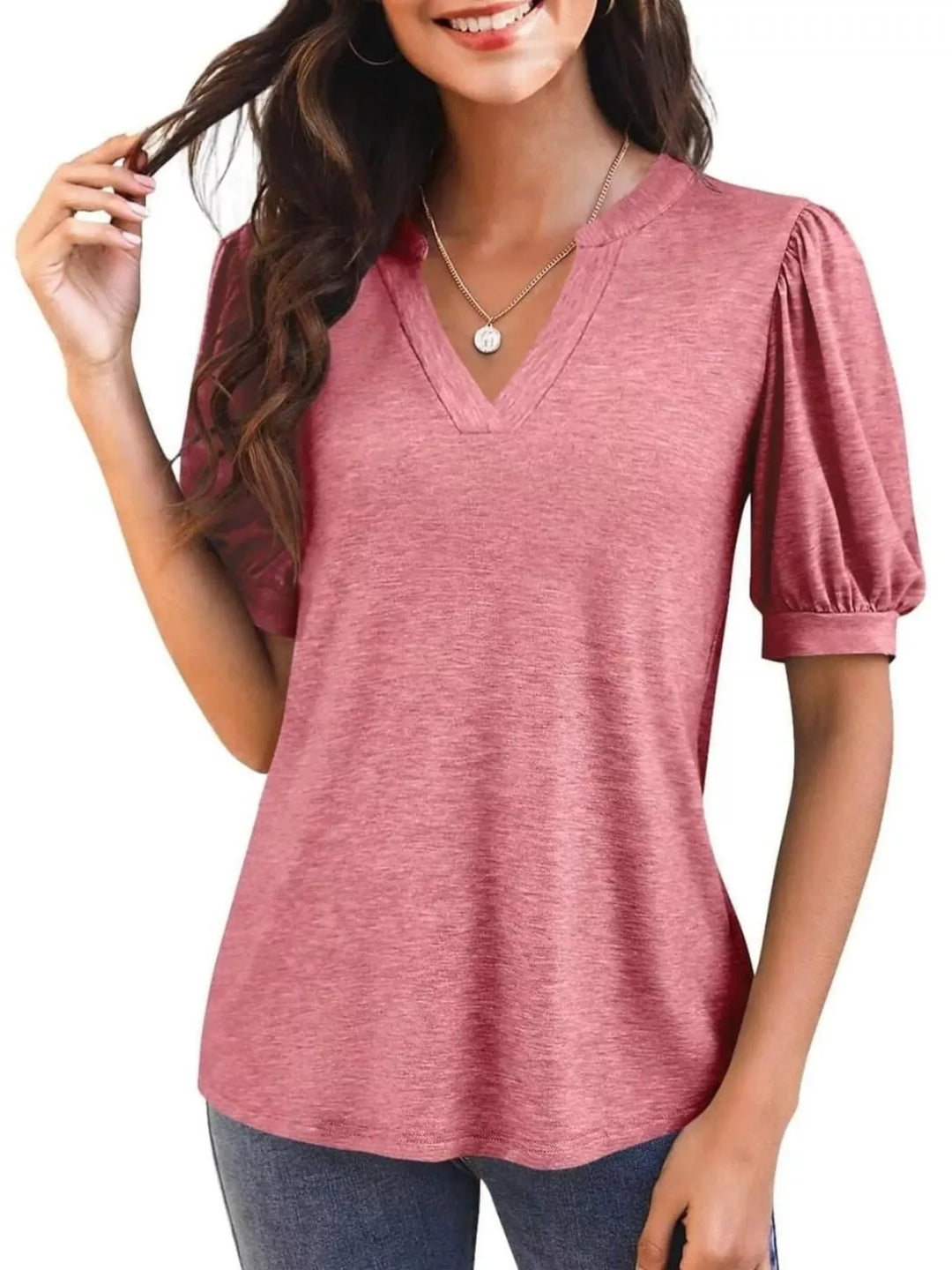 Rust Red Short puff sleeve notched V-neck casual tee
