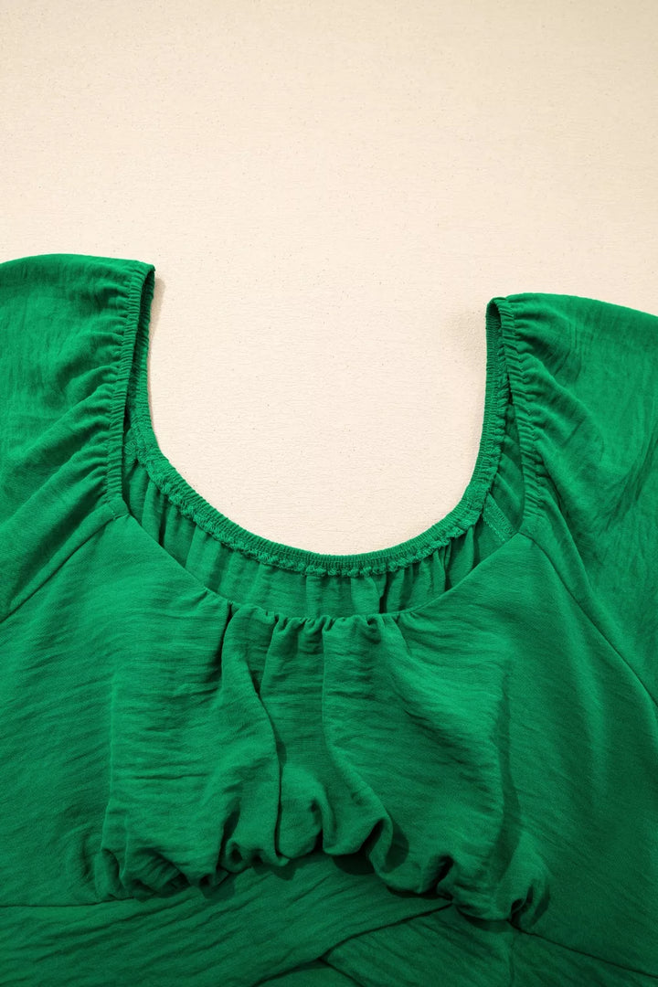 Ruched square-neck peplum top with crossed waist and tied back