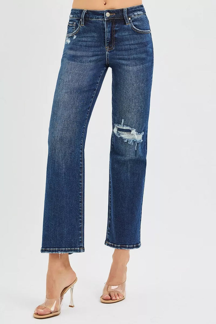 Distressed high-rise cropped slim straight jeans with raw hem