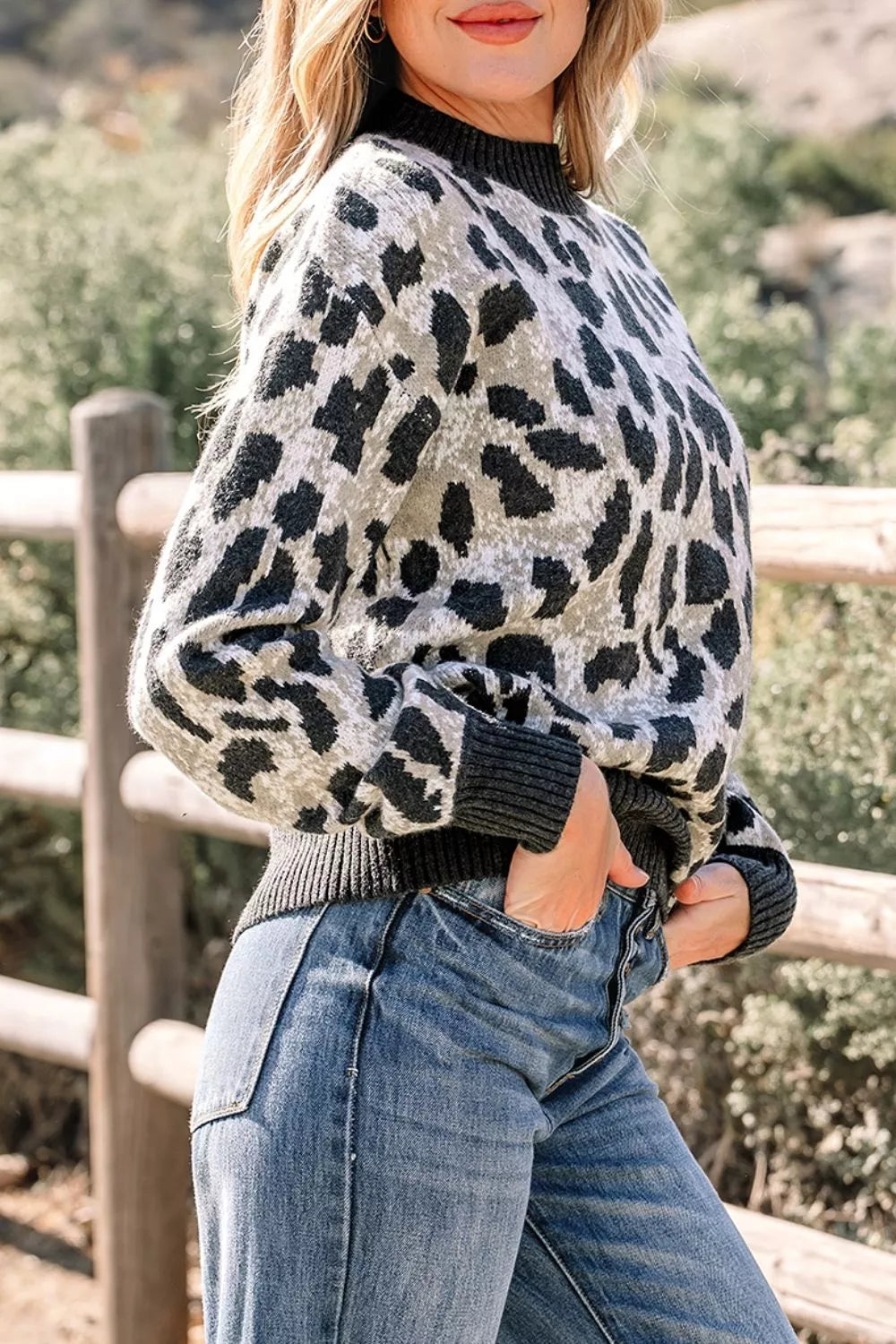 Leopard print drop shoulder knit pullover sweater