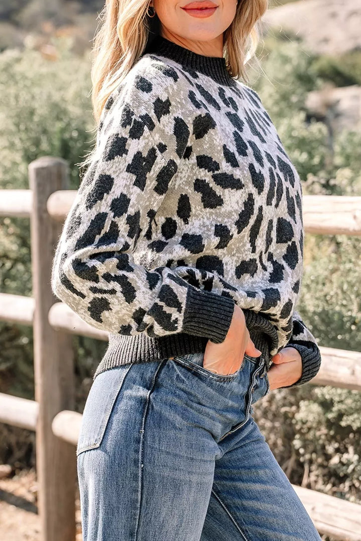 Leopard print drop shoulder knit pullover sweater