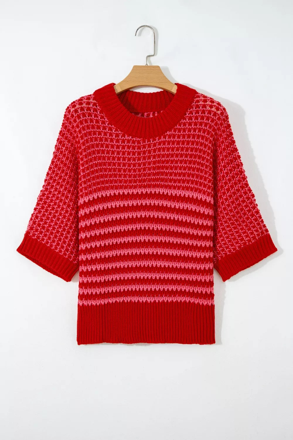Striped open-knit crew neck sweater with half sleeves