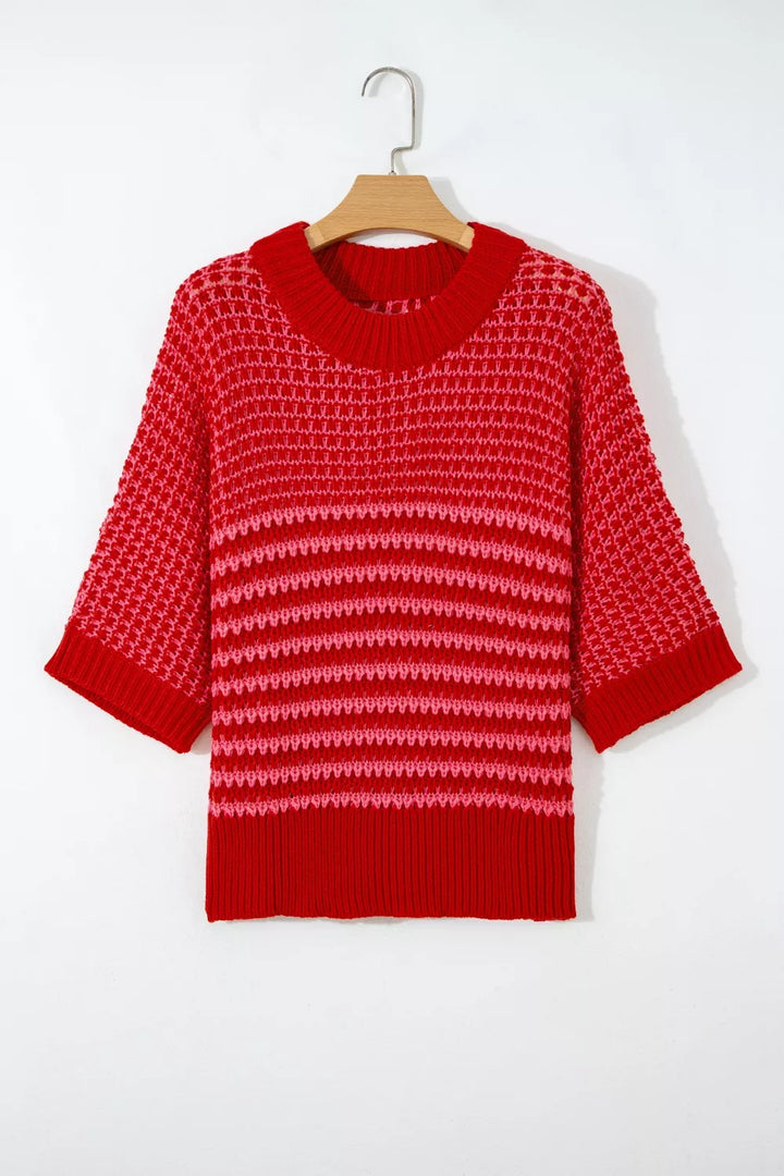 Striped open-knit crew neck sweater with half sleeves