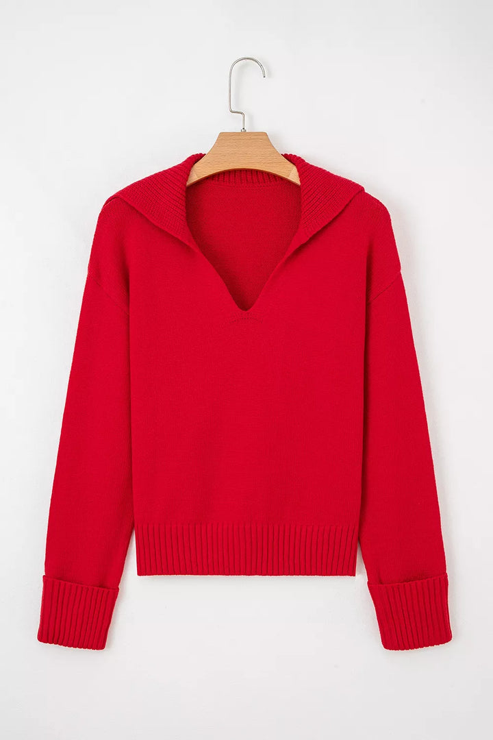 Collared V-neck pullover sweater with ribbed hem