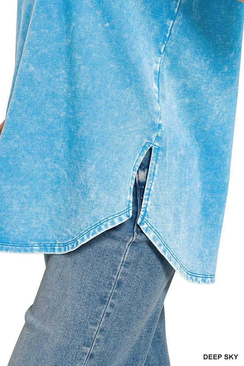 Washed French terry short-sleeve top with curved hem and side slits