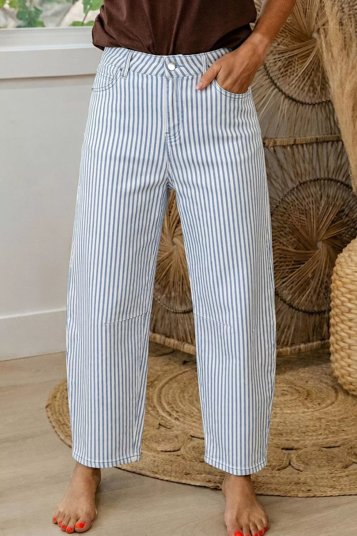 Light Blue Striped high-rise barrel leg cropped jeans