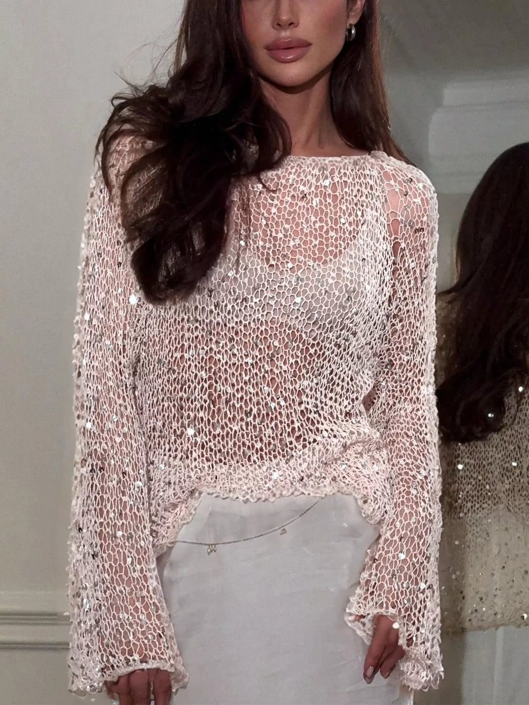 White Sequin open-knit long sleeve cover-up pullover