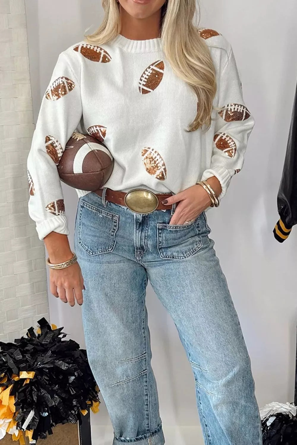 Sequin football knit sweater with ribbed crew neck