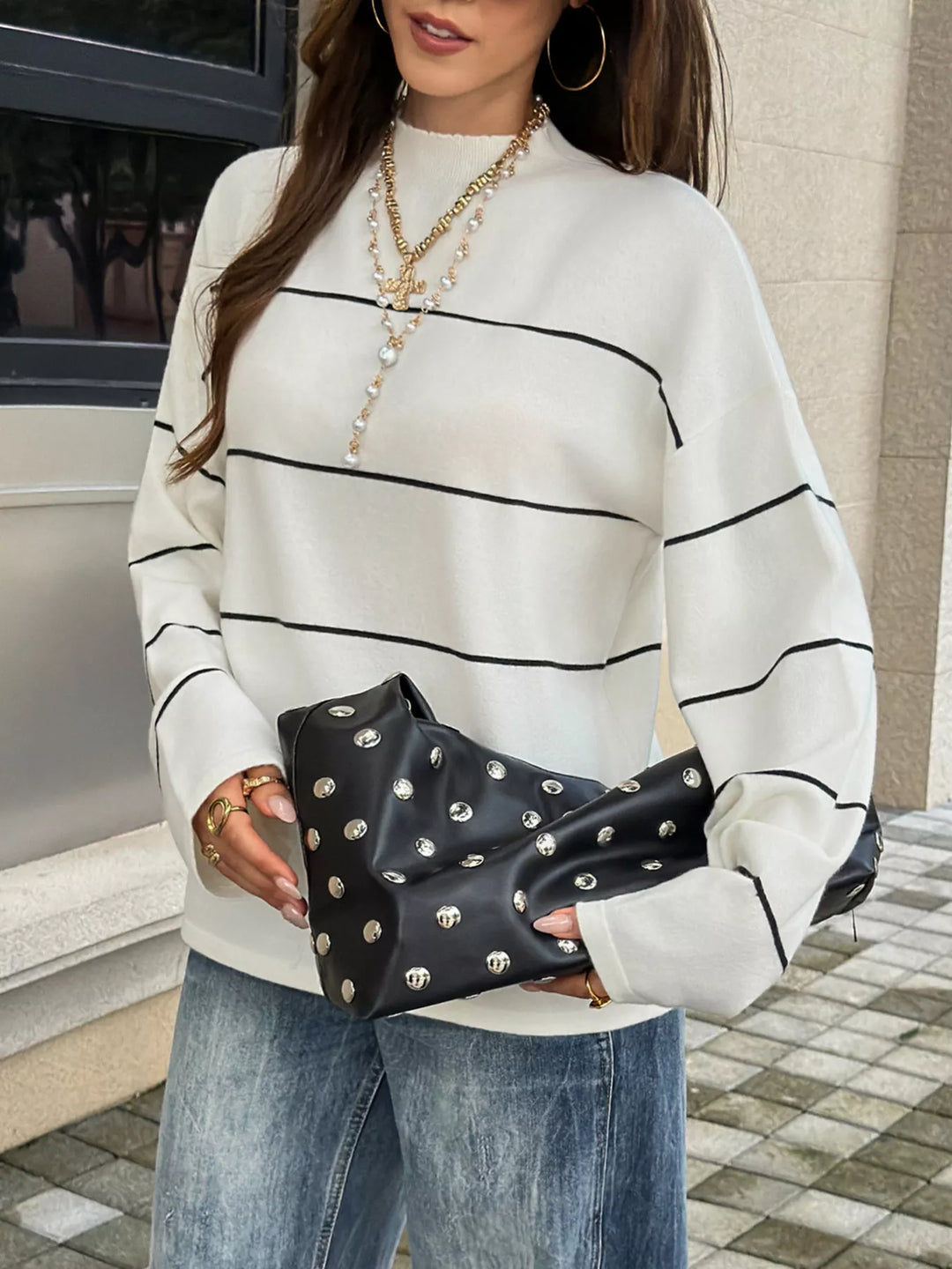 Striped mock neck sweater with drop shoulder sleeves