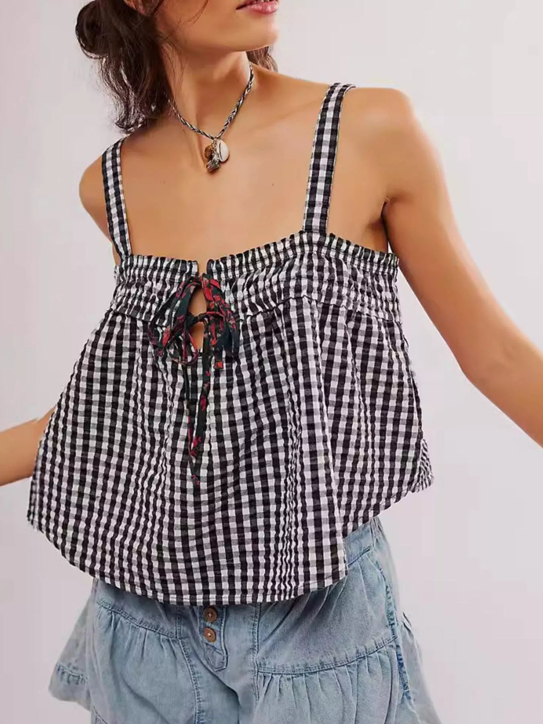 Black Smocked gingham tie-front cami with adjustable straps