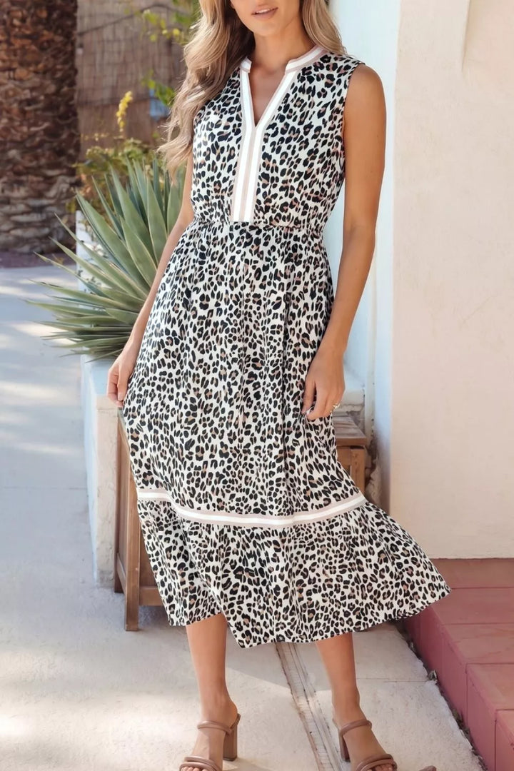 Leopard Leopard print tiered midi dress with contrast trim