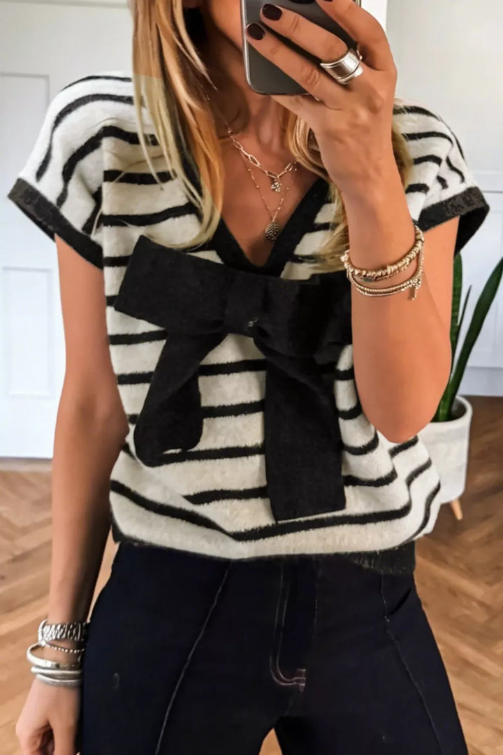 Striped short sleeve knit top with oversized bow