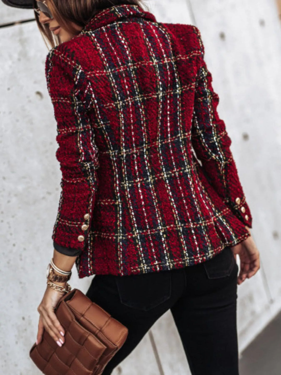 Plaid tweed double-breasted blazer with gold buttons