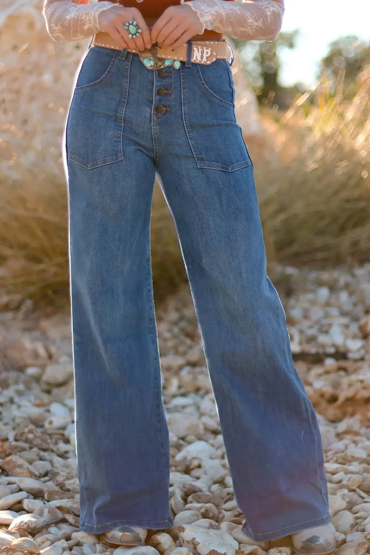 Medium High-rise wide-leg button-fly jeans with patch pockets