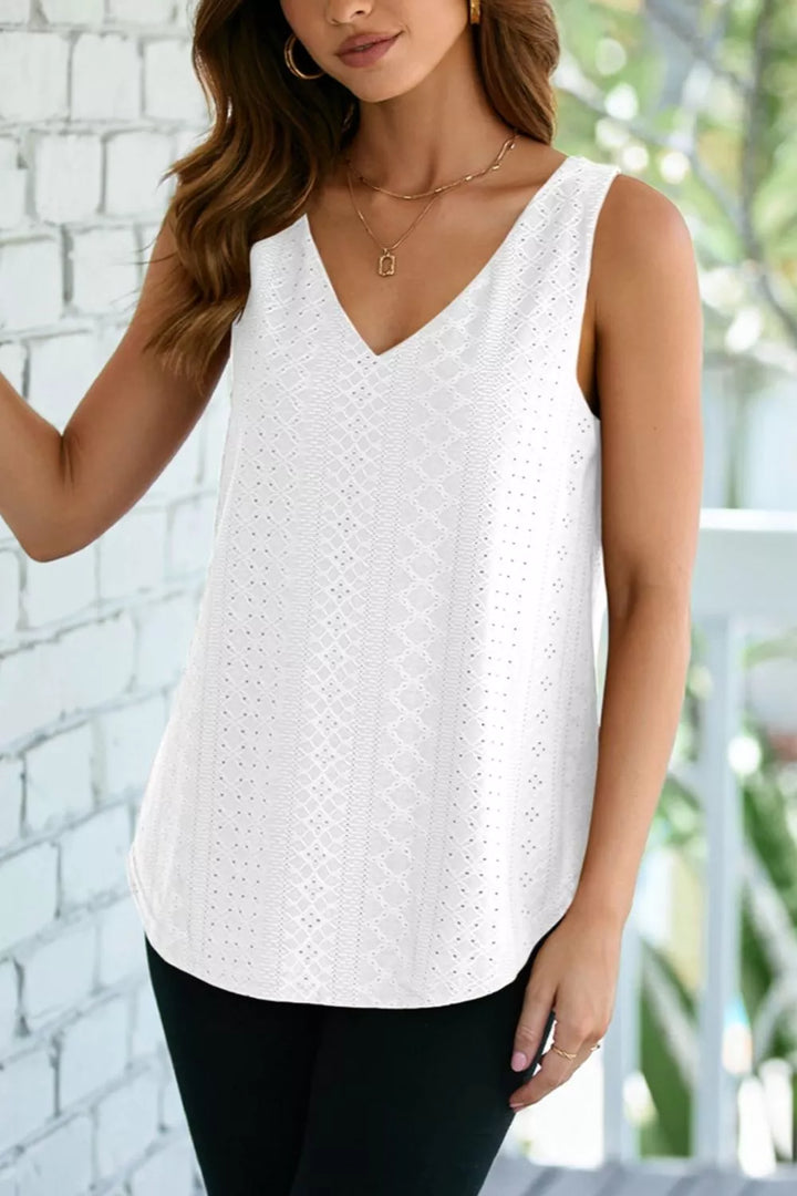 Eyelet knit V-neck tank top with curved hem