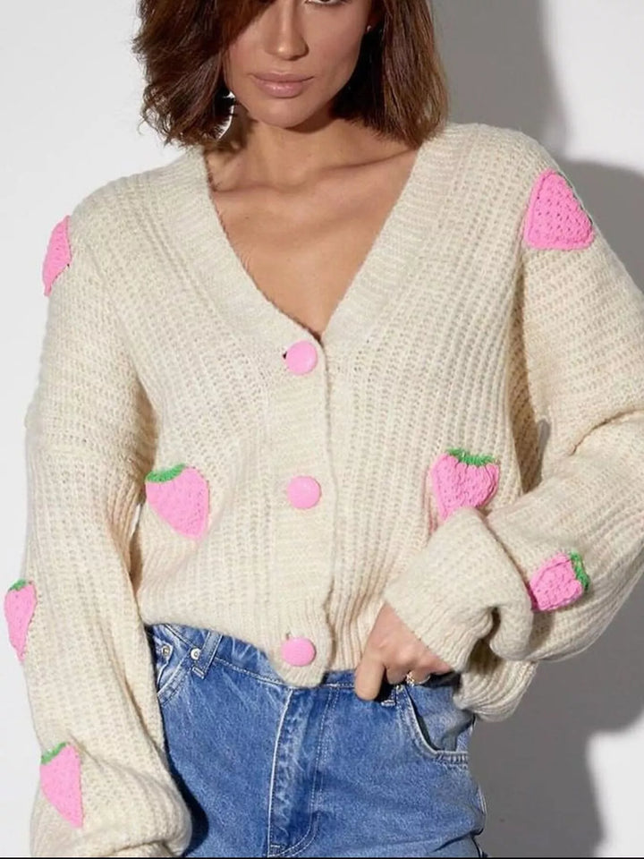 Strawberry applique chunky knit button-down cardigan