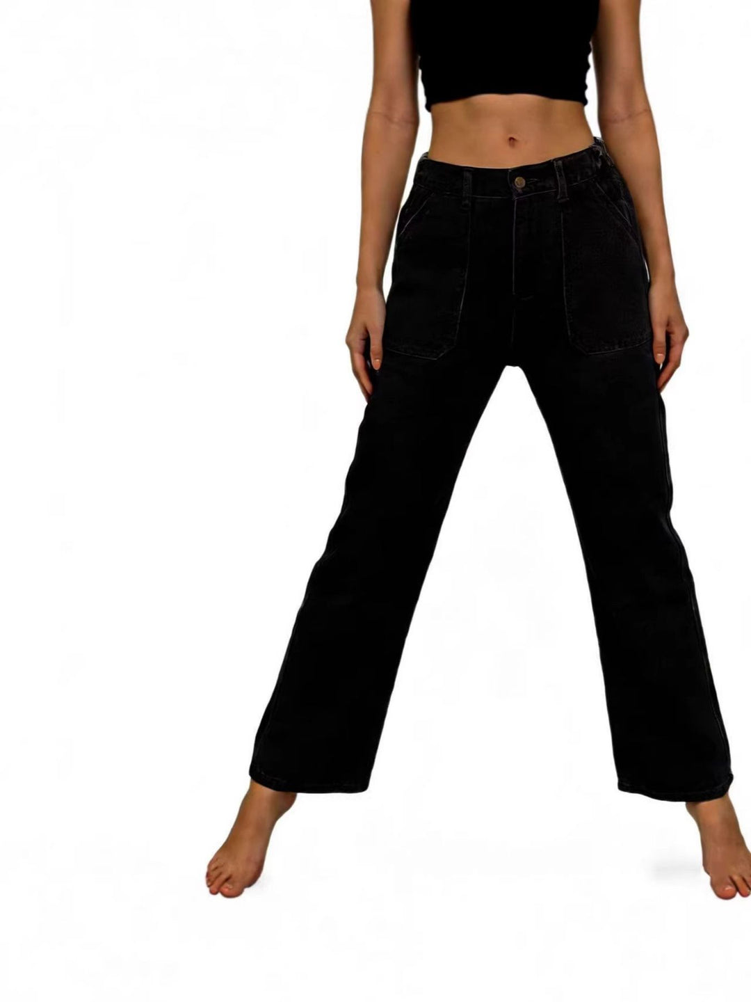 Black Wide leg jeans with contrast topstitching and patch pockets