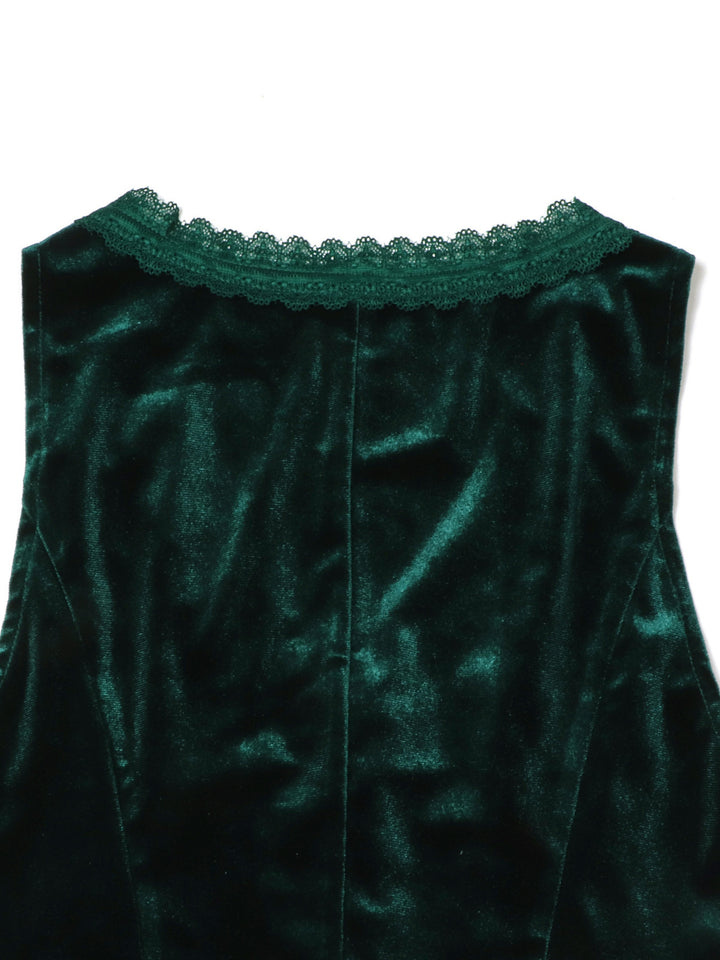Lace-trim velvet vest top with gold buttons