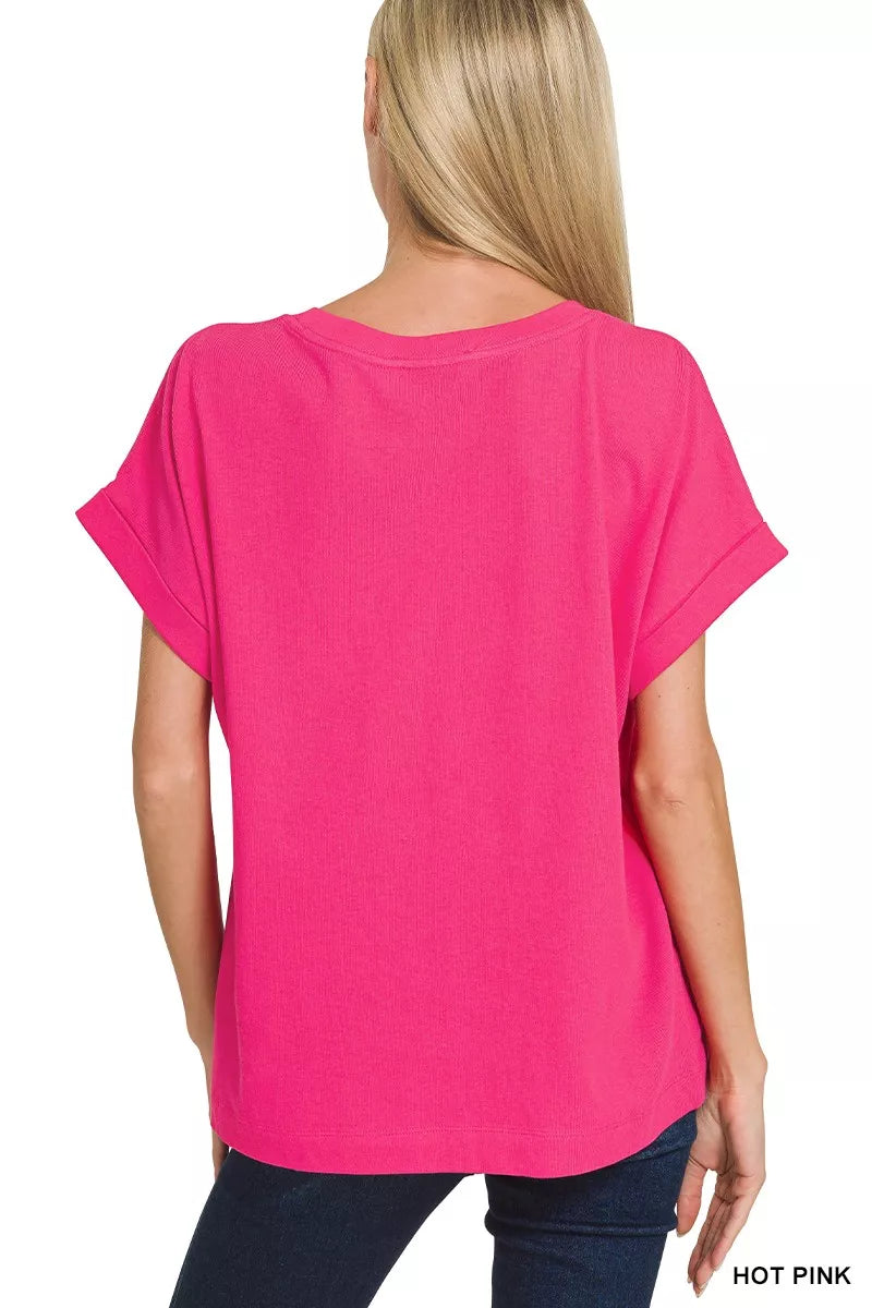 Ribbed cotton cuffed-sleeve tee with chest pocket
