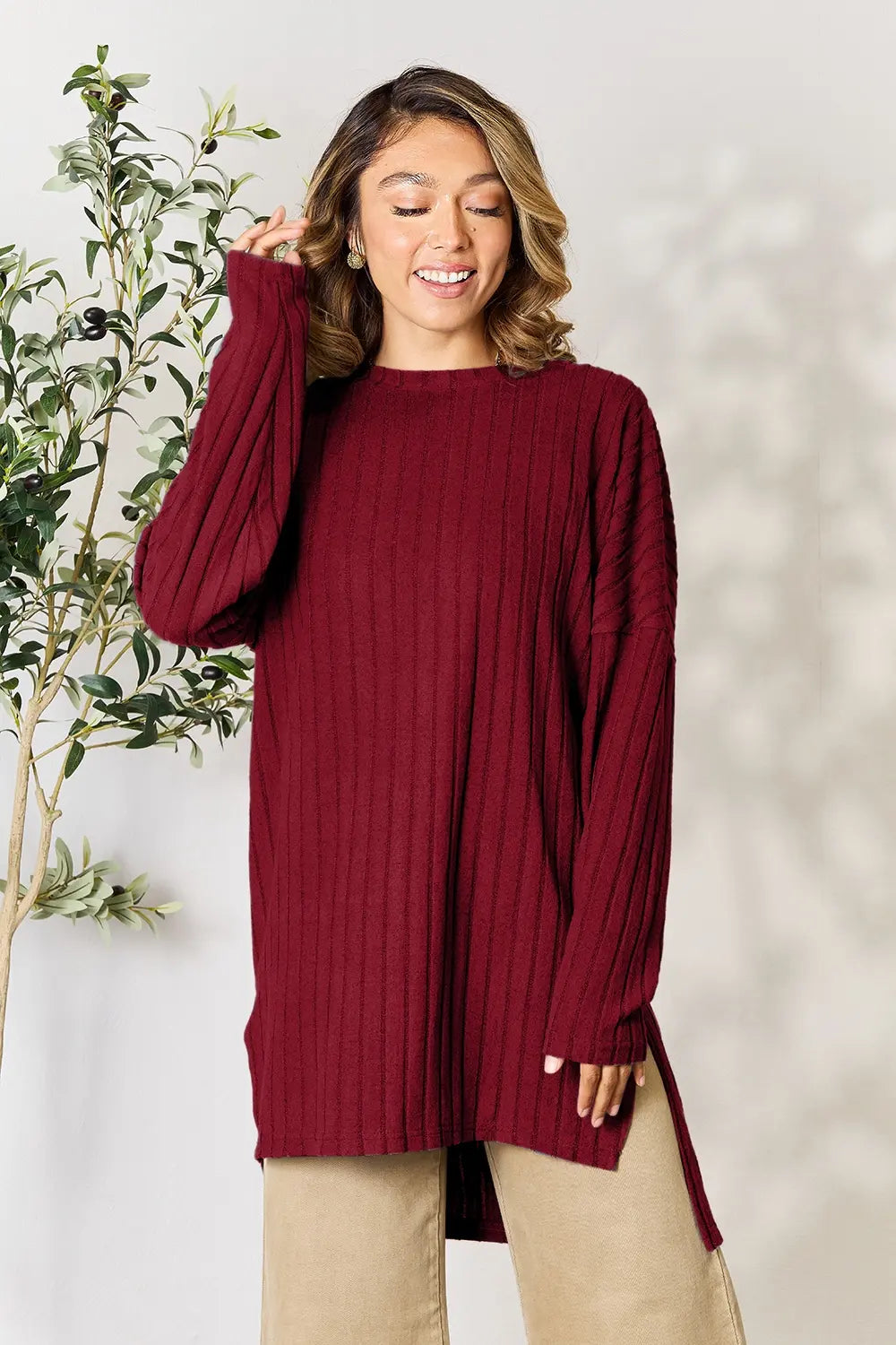 Ribbed knit long sleeve tunic top with side slits