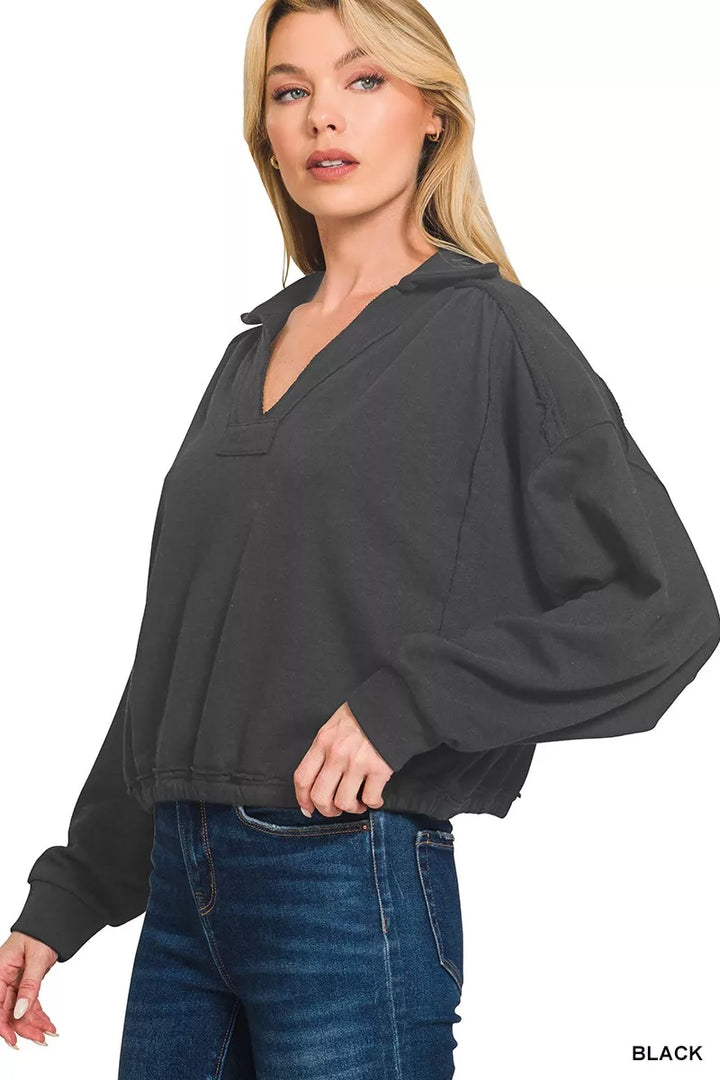 BLACK Exposed seam collared French terry sweatshirt