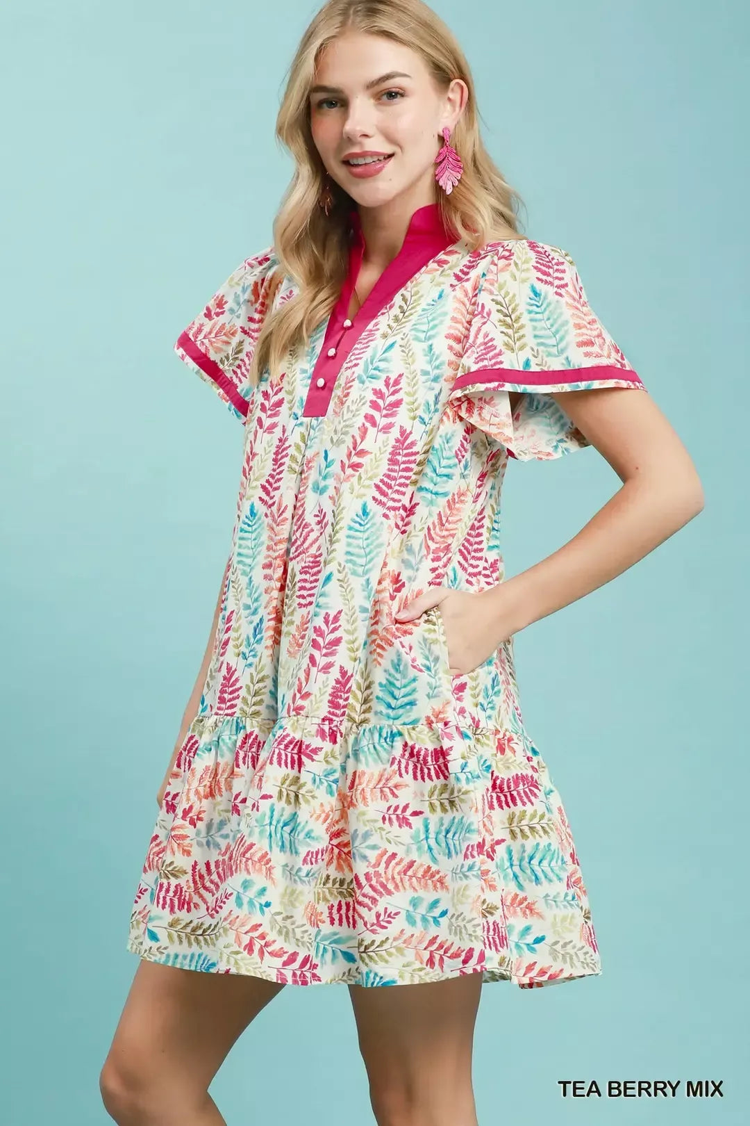 Leaf print flutter sleeve tiered mini dress