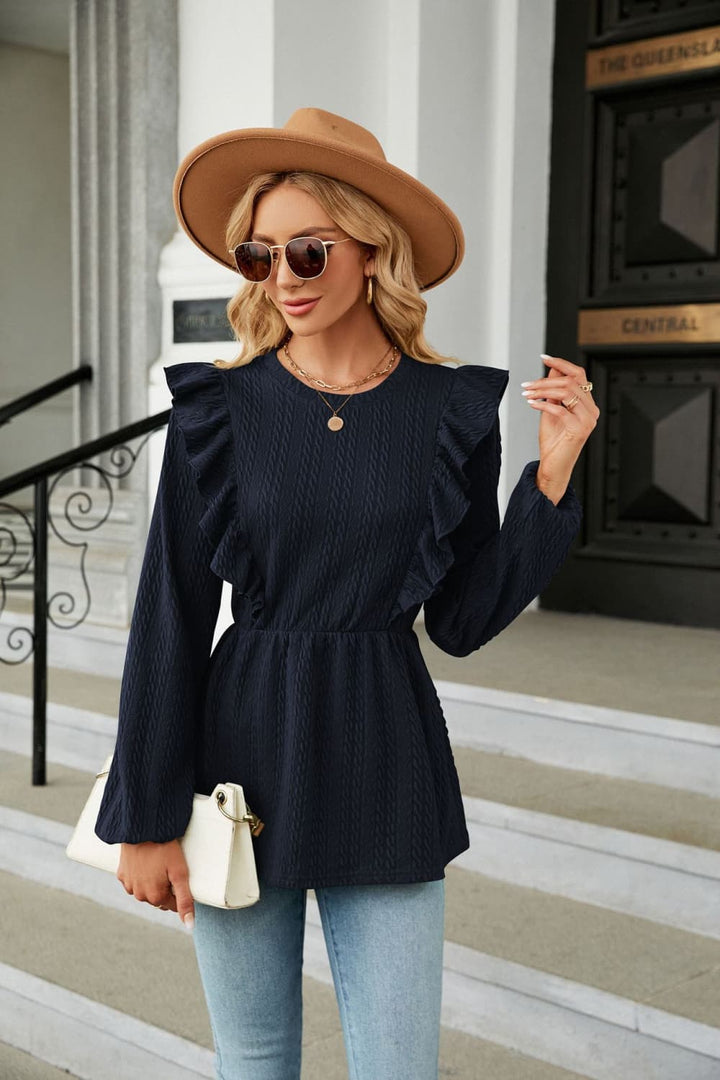Navy Ruffle-shoulder textured peplum blouse with round neck