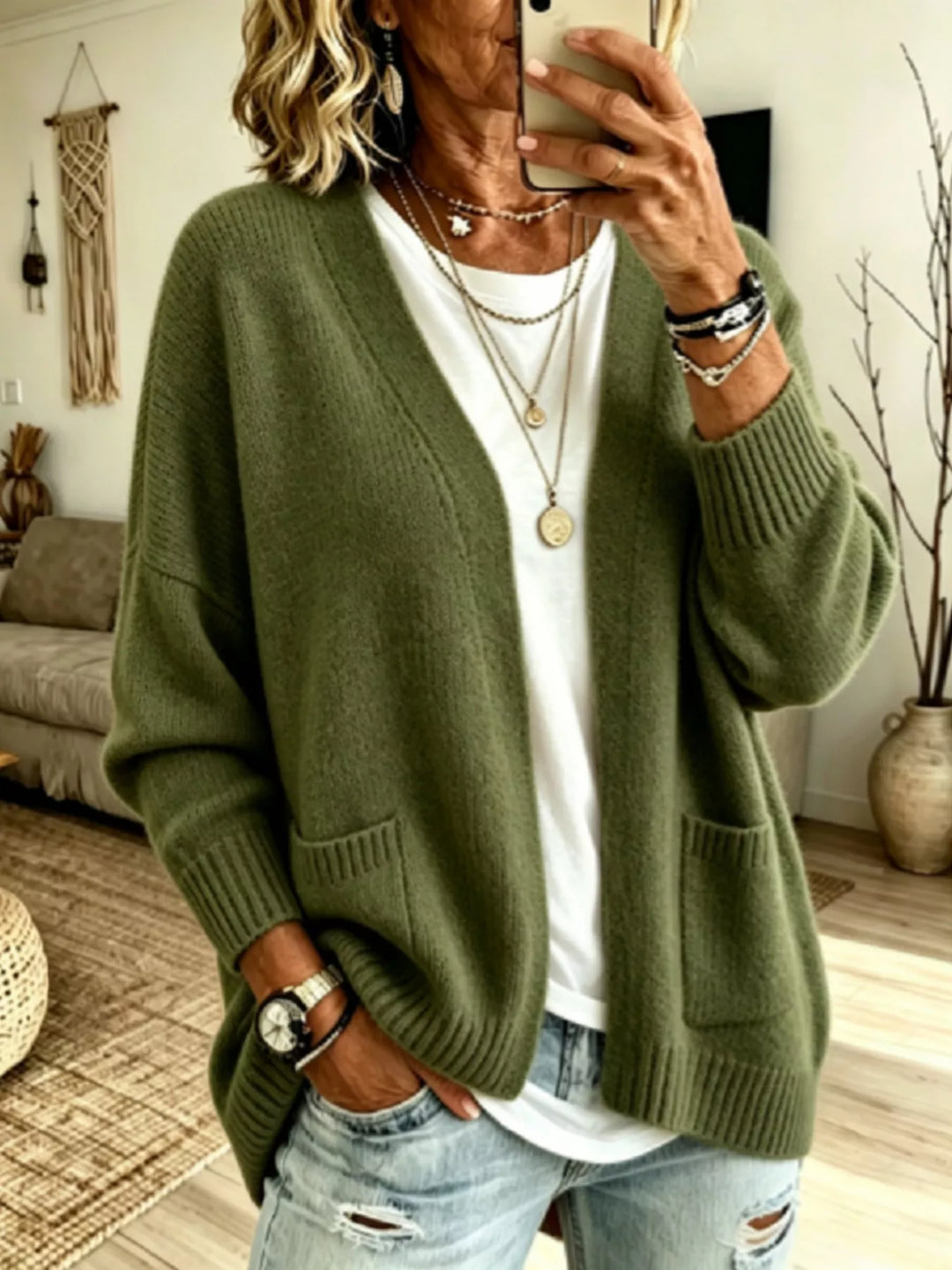 Army Green Open front knit cardigan with patch pockets and ribbed trim