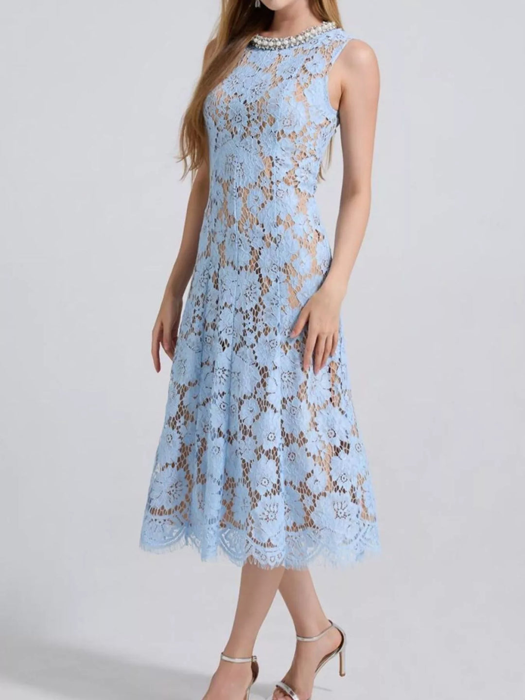 Blue Sleeveless floral lace midi dress with pearl neckline